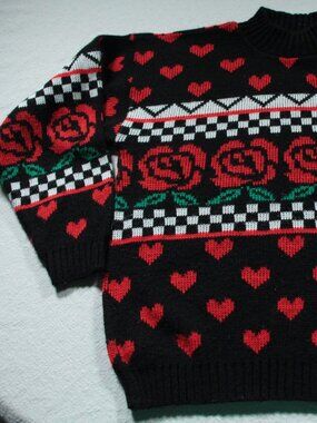 Vintage 80s 90s Adele Knitwear Women's Acrylic Sweater Hearts Roses